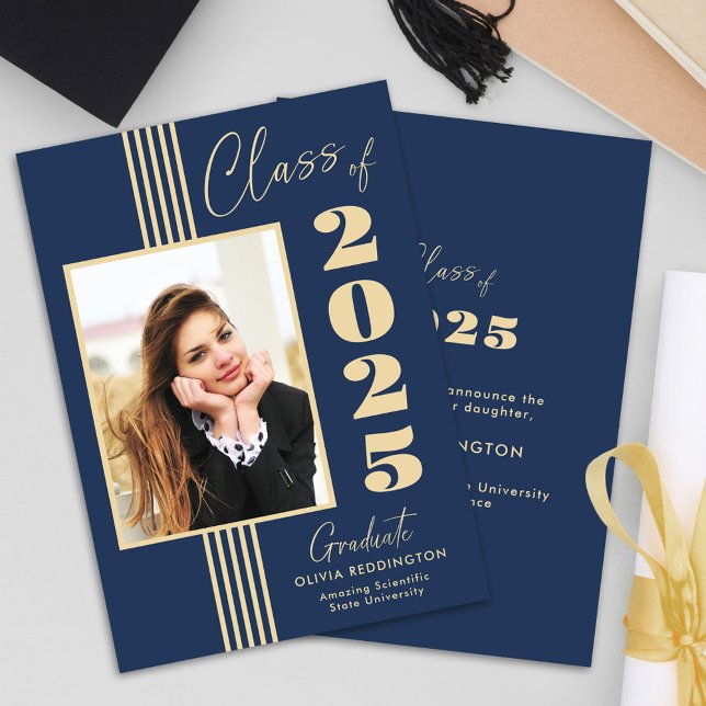 Elegant Navy Gold Photo Frame 2025 Graduation Announcement (Creator Uploaded)