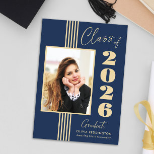 Elegant Navy Gold Photo Frame 2026 Graduation Announcement