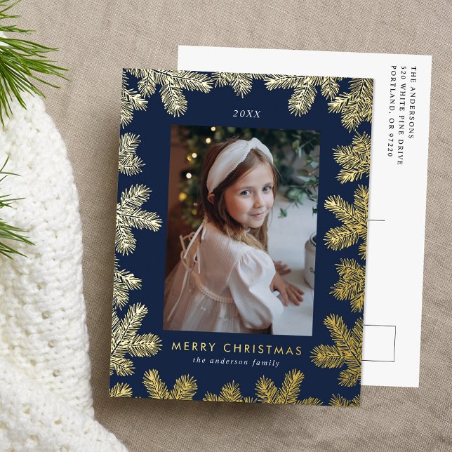 Elegant Navy Gold Pine Frame Photo Foil Holiday Postcard (Creator Uploaded)