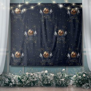 Elegant Navy Gold Red Carpet Step and Repeat Grad Tapestry