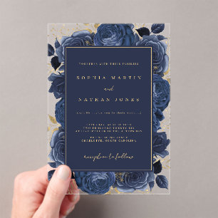 Elegant Navy Gold Rose Clear Wedding Acrylic Invitations