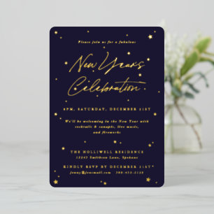 Elegant Navy+Gold Scattered Stars New Years Party