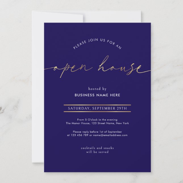 Elegant Navy & Gold Script Business Open House Invitation (Front)