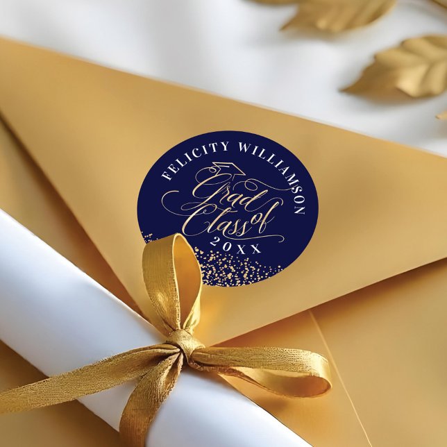Elegant Navy & Gold Script Graduation Confetti Classic Round Sticker (Elegant Navy & Gold Script Graduation Confetti Classic Round Sticker)