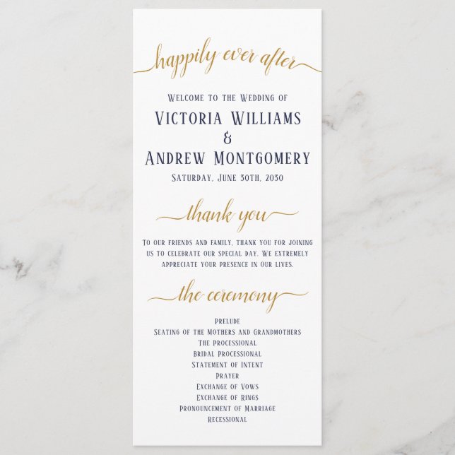 Elegant Navy Gold Script Minimal Wedding Ceremony Programme (Front)