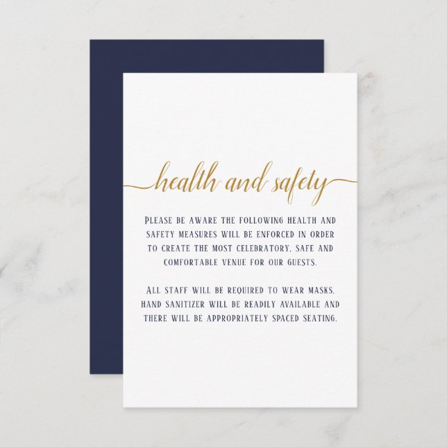 Elegant Navy Gold Script Wedding Health Safety Enclosure Card (Front/Back)