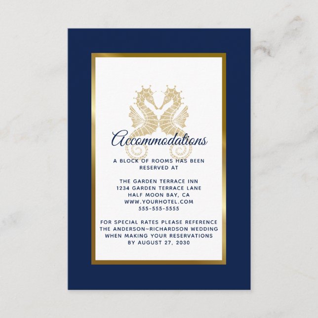Elegant Navy Gold Seahorses Wedding Accommodations Enclosure Card (Front)