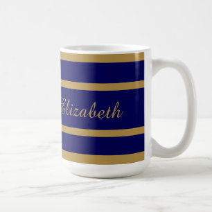 Elegant Navy & Gold Stripes, Add your Name Coffee Mug