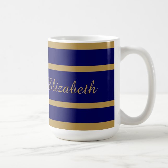 Elegant Navy & Gold Stripes, Add your Name Coffee Mug (Right)