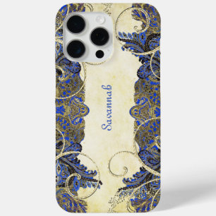 Elegant Navy Gold Swirl Vintage Paisley Peacock iPhone 15 Pro Max Case