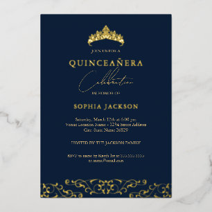Elegant Navy Gold Tiara Script Quinceanera