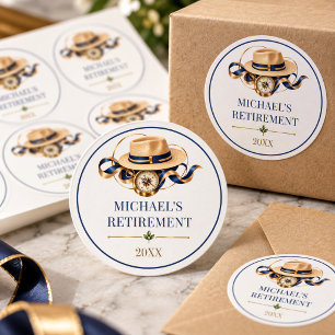Elegant Navy Gold Travel Retirement Celebration Classic Round Sticker