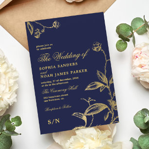 Elegant navy gold vintage antique wedding invitation