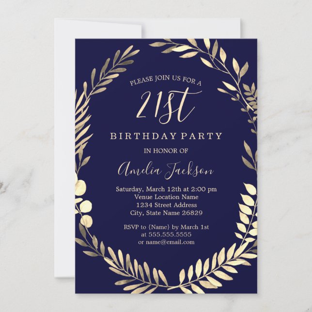 Elegant Navy Gold Watercolor 21st  Birthday Invitation (Front)