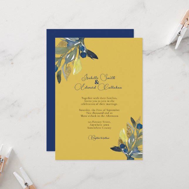 Elegant Navy & Gold Watercolor Leaves Wedding Invitation (Front/Back In Situ)