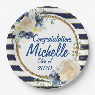 Elegant Navy & Gold Watercolor Roses Graduation Paper Plate