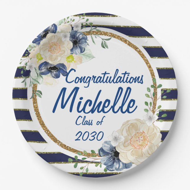 Elegant Navy & Gold Watercolor Roses Graduation Paper Plate (Front)