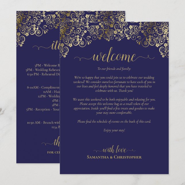 Elegant Navy & Gold Wedding Welcome & Itinerary Programme (Front/Back)