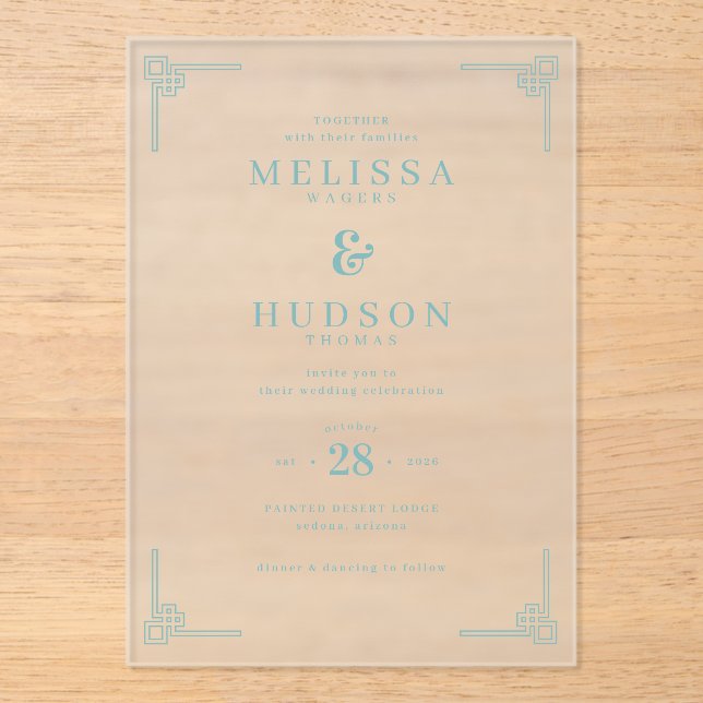 Elegant Navy Greek Key Motions Acrylic Invitations (Front)