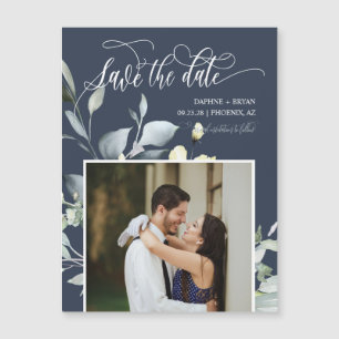 Elegant Navy Green Leaves Save the Date Magnet