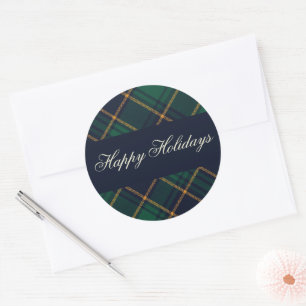Elegant Navy Green Plaid Holiday Classic Round Sticker