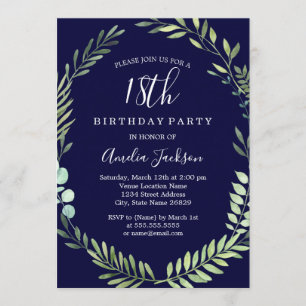 Elegant Navy Green Watercolor 18th Birthday Invitation