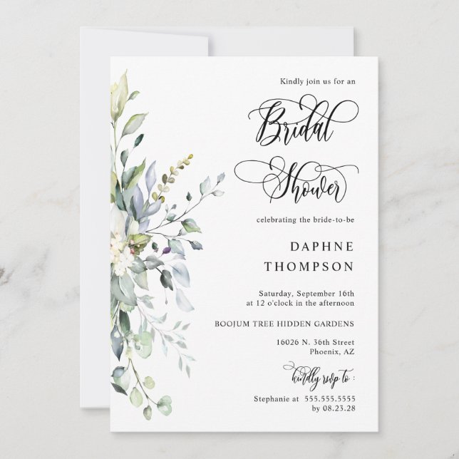 Elegant Navy Greenery Bridal Shower QR Code Photo Invitation (Front)
