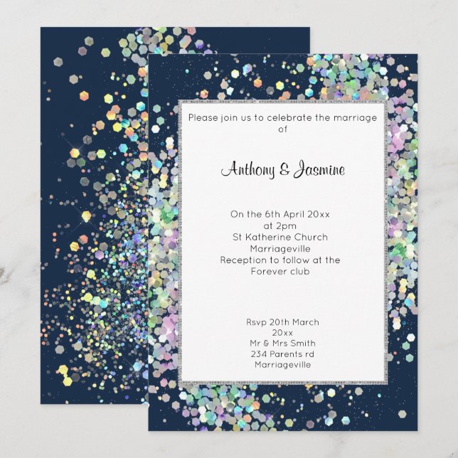 ELEGANT NAVY HOLOGRAPHIC PASTEL WEDDING INVITATION (Front/Back)