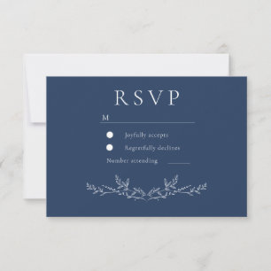 Elegant Navy Leaf Line Art Wedding RSVP Card