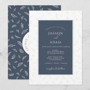Elegant Navy Leaf Monogram Wedding Invitation