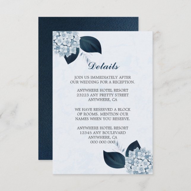 Elegant navy leaves & dusty blue flowers details enclosure card (Front/Back)