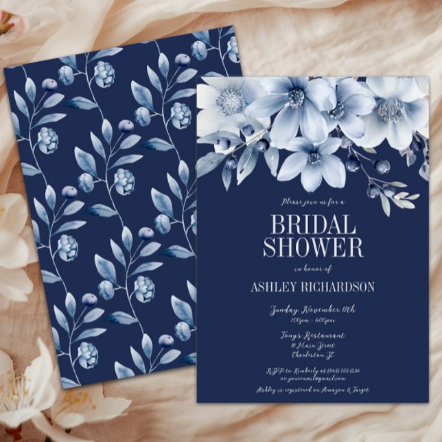 Elegant Navy & Light Blue Floral Bridal Shower Invitation (Azure Blue Navy Floral Bridal Shower Invitation, Winter Wedding Shower, Fall Autumn Flowers, Elegant)