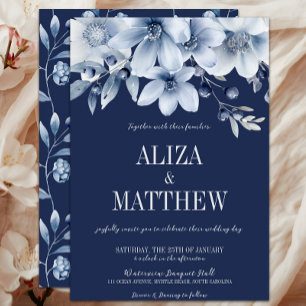 Elegant Navy & Light Blue Floral Wedding Invitation