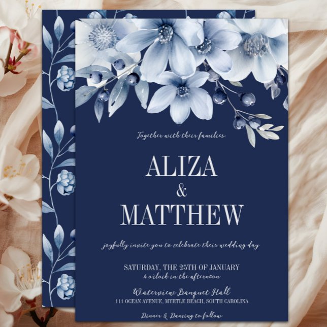 Elegant Navy & Light Blue Floral Wedding Invitation (Elegant Navy Blue Floral Winter Wedding Invitation, Blueberries,   Light Blue Flowers, Classic)