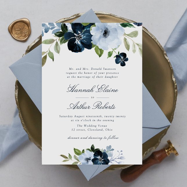 elegant navy & light blue floral wedding invitation (Creator Uploaded)