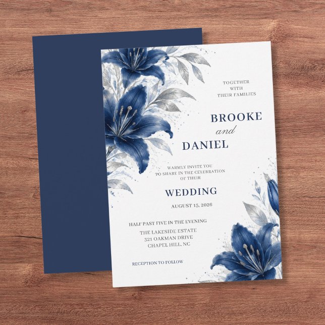 Elegant Navy Lily Silver Glitter Wedding Invitation (Creator Uploaded)