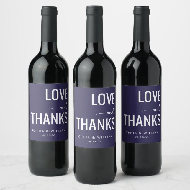 Elegant Navy Love Thanks Wine Label (Bottles)