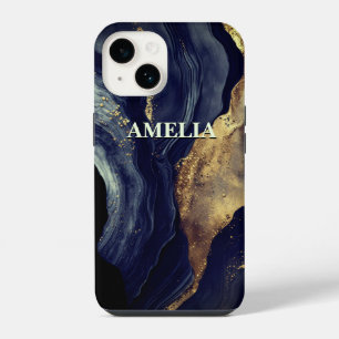 Elegant navy marble art faux gold glitter iPhone 14 case