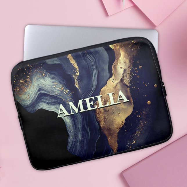 Elegant navy marble art faux gold glitter laptop sleeve (Creator Uploaded)
