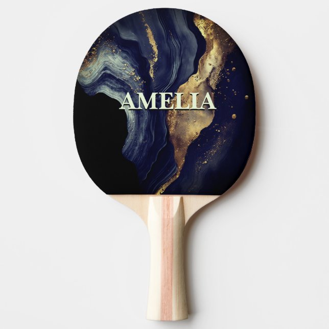 Elegant navy marble art faux gold glitter ping pong paddle (Front)