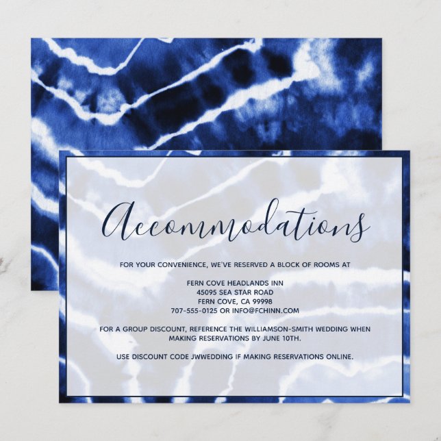 Elegant Navy Marble Tie Dye Wedding Accommodations Enclosure Card (Front/Back)