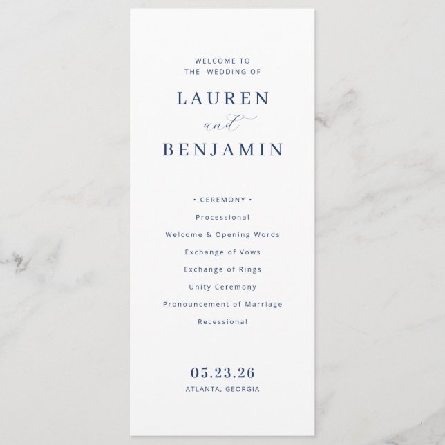 Elegant Navy Minimalist Wedding Ceremony Programme (Front)