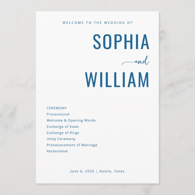 Elegant Navy Minimalist Wedding Ceremony Programme (Front)