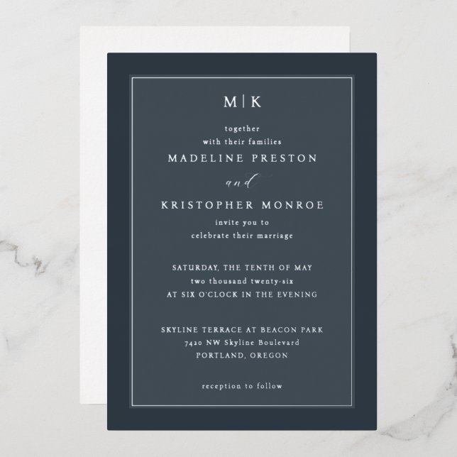 Elegant Navy Minimalist Wedding Invitation (Front/Back)