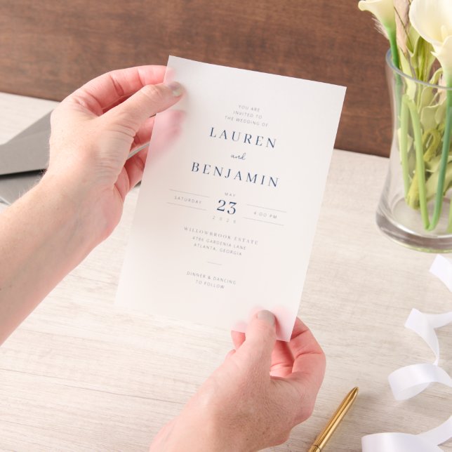 Elegant Navy Minimalist Wedding Vellum Invitations (Handheld)