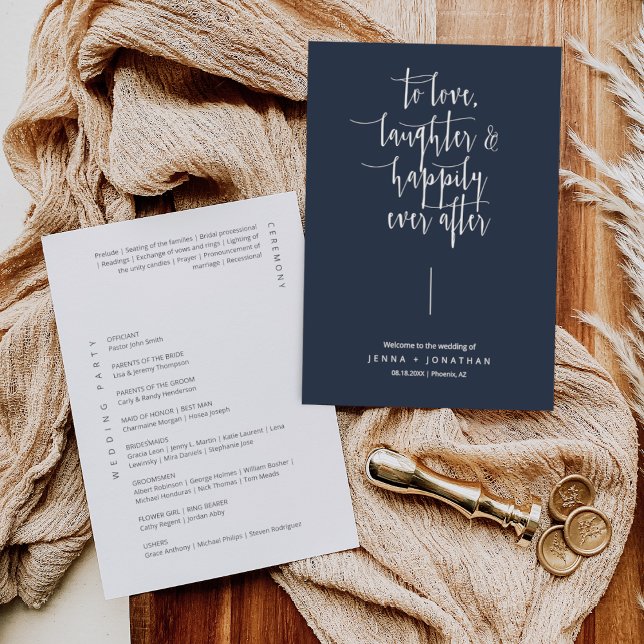 Elegant Navy Modern Minimal Calligraphy Wedding Programme (Creator Uploaded)
