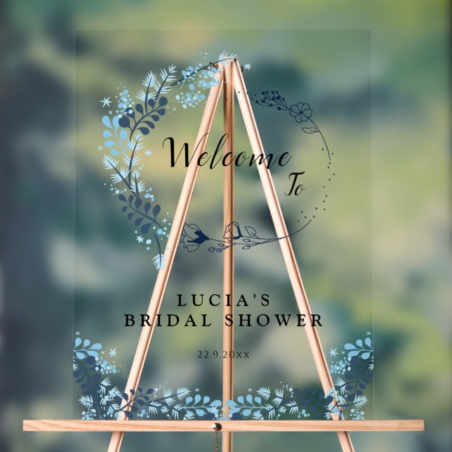 Elegant Navy Monogram Floral Bridal Shower Welcome Acrylic Sign (Neutral)