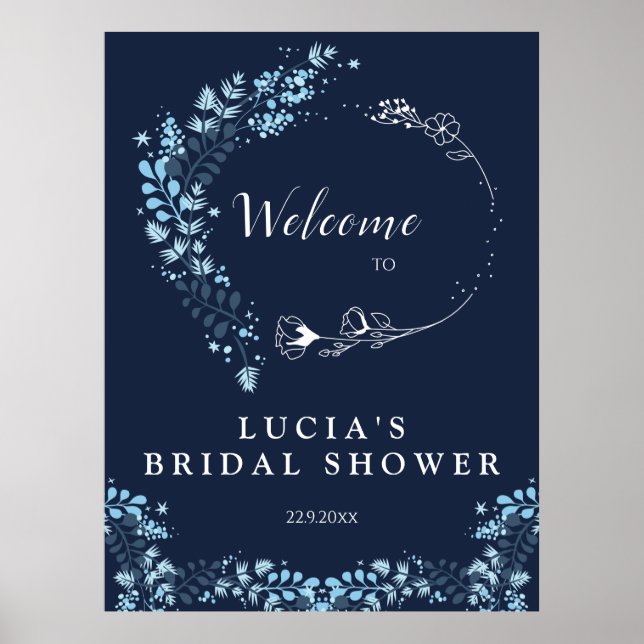 Elegant Navy Monogram Floral Bridal Shower Welcome Poster (Front)