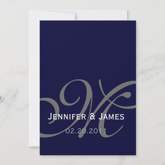 Elegant Navy Monogram Names Wedding Invitation (Front)