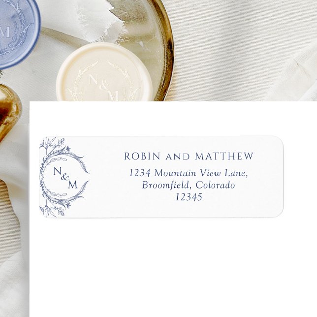 Elegant Navy Monogram Wedding Return Address Label (Creator Uploaded)